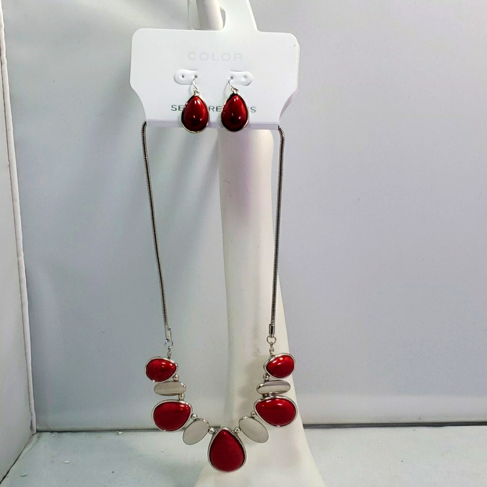 Kohl's Semi Precious Red & Silver Necklace Earring Set